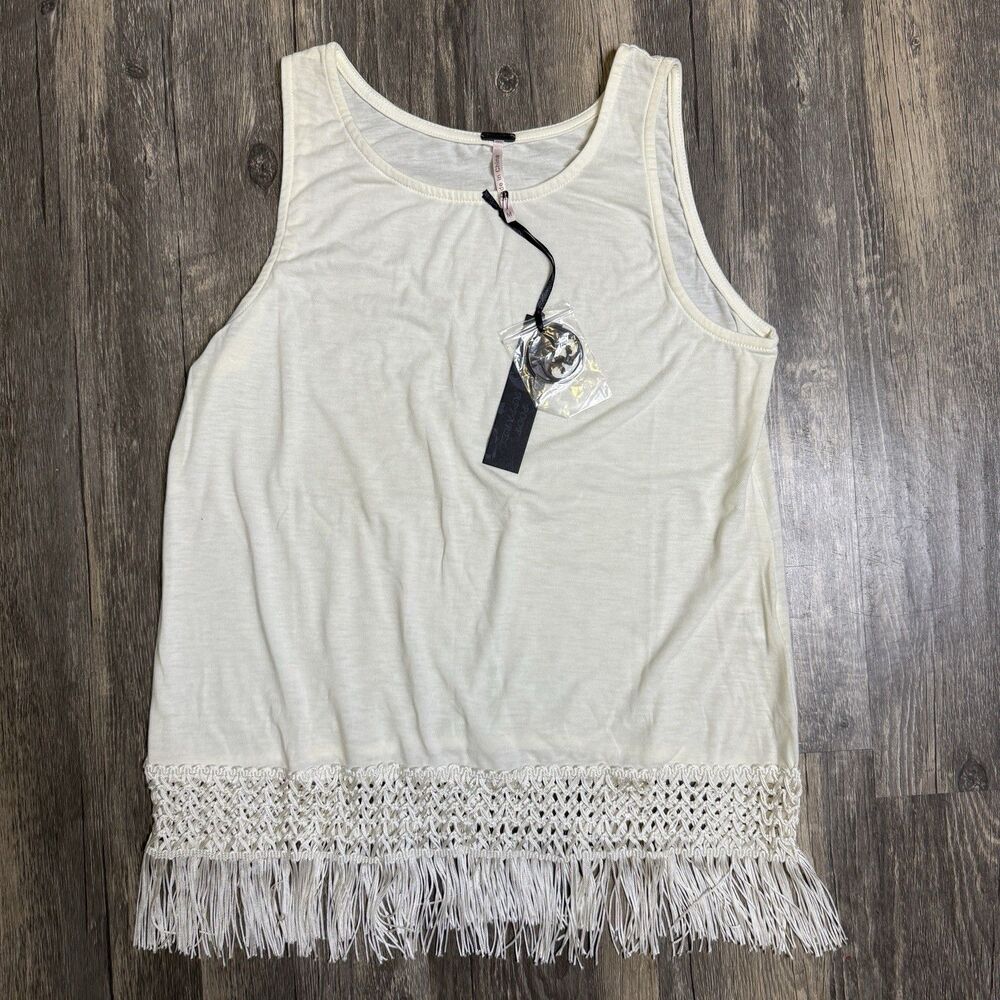 Boho Fringe Tank Top Cream Crochet Lace Festival Coastal Cowgirl Cottage Medium